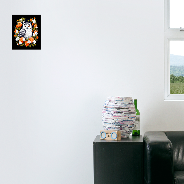 Cute Snowy Owl Surrounded by Bold Vibrant Spring Flowers by BirdsnStuff